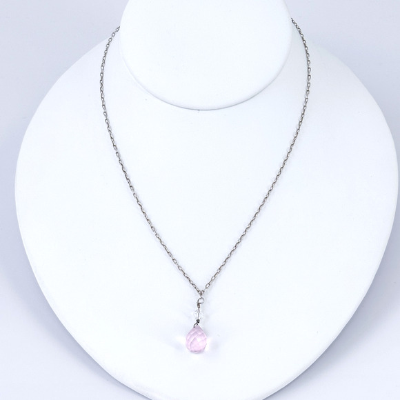 Vintage Sterling Silver Pink Glass Drop Necklace | Adjustable 16”-19” - Picture 2 of 6